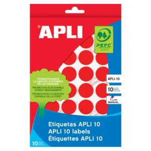 Apaļas uzlīmes APLI ar diametru 10mm, 8 loksnes, 1008 uzlīmes, sarkanas - 100-00488