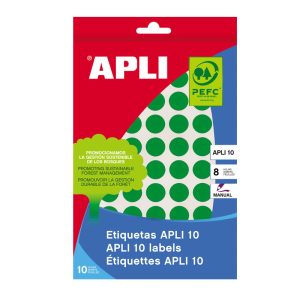 Apaļas uzlīmes APLI ar diametru 10mm, 8 loksnes, 1008 uzlīmes, zaļas - 100-00489