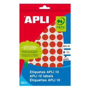 Apaļas uzlīmes APLI ar diametru 19mm, 8 loksnes/320 uzlīmes sarkanas - 100-05726