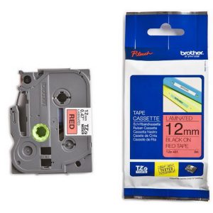 Lenta BROTHER TZE-431, 12 mm x 8 m, melni burti uz sarkana fona - 250-02957