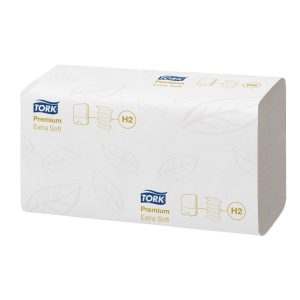 Roku salvetes TORK Premium Interfold Extra Soft H2. 2 sl.,100 salvetes, 21.2 x 34 cm, baltā krāsā ar lapiņām - 400-03666