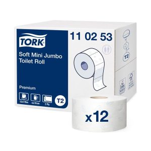 Tualetes papīrs TORK Premium Mini Jumbo T2, 2 sl., 850 lapiņas rullī, 9.7 cm x 170 m, baltā krāsā ar lapiņām - 400-03672