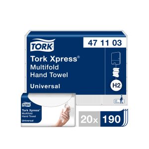 Roku dvieļi TORK Universal Xpress Multifold, 2 sl., 190 salvetes, 23.4 x 21.3 cm, baltā krāsā ar lapiņām - 400-03735